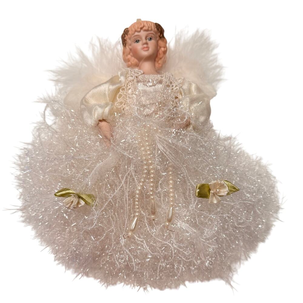 Vintage Porcelain Angel Fringe Tassel Style Christmas Ornament 9”x8”x3”